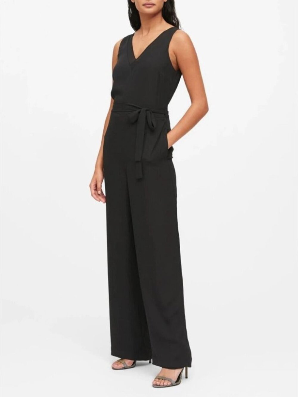 Banana Republic Black Sleeveless Belted Jumpsuit Size 2 V-Neck Wide Leg Casual